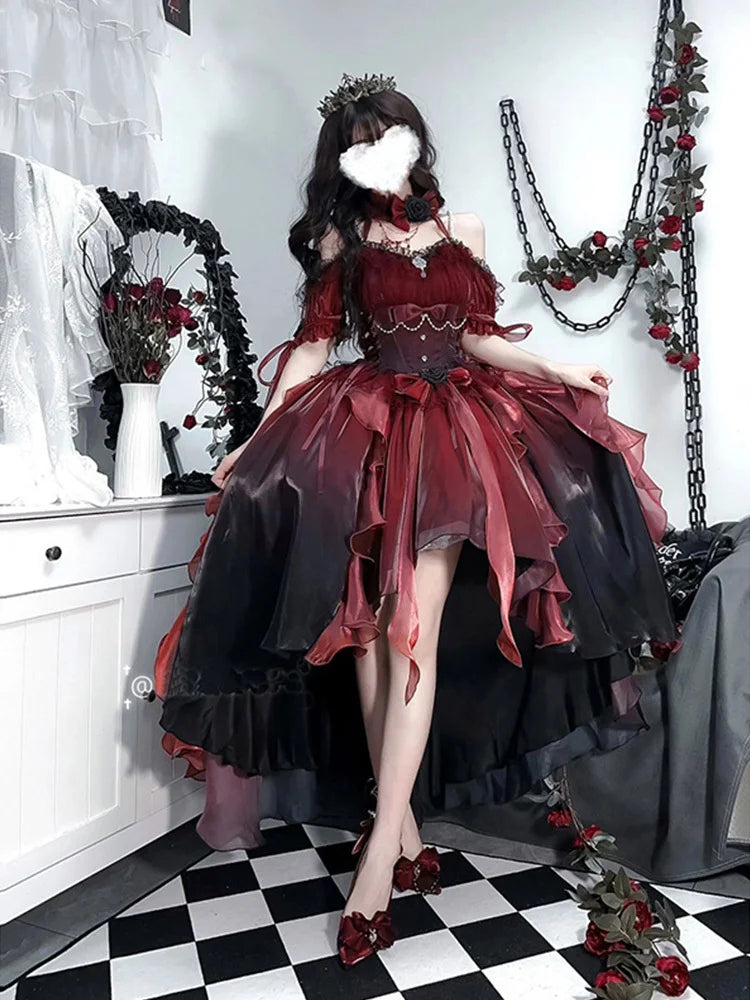 Robe de mariée gothique rouge fleur Cosplay Lolita Robe Op Lolita Robe de princesse bouffante à traîne pour l'industrie lourde, Cosplay Lolita