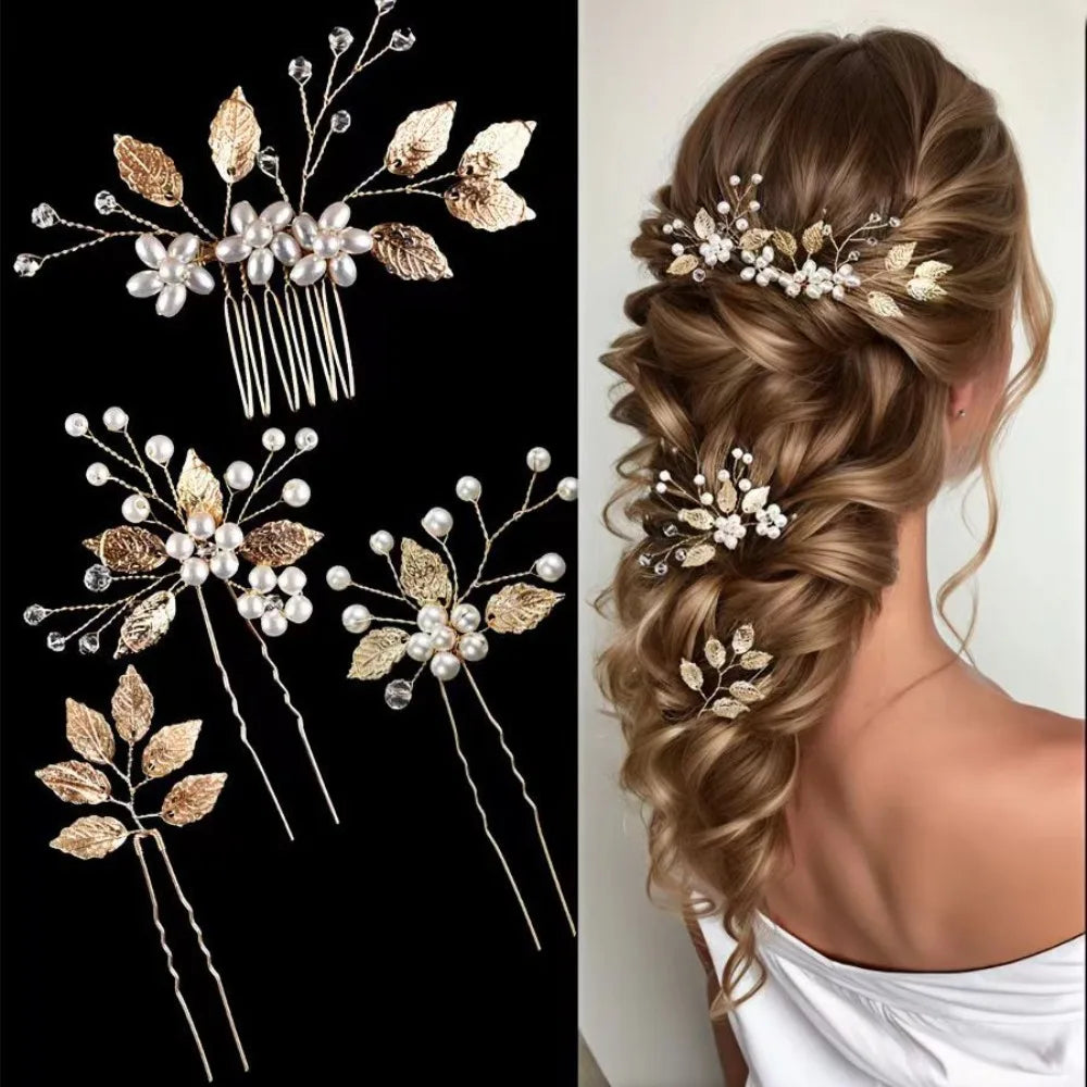 4Pcs Sets Pearl Wedding Hair Accessories Elegant Vintage Leaf Shaped Tiaras Handmade Bride Insert Hair Clip Bride Accessories