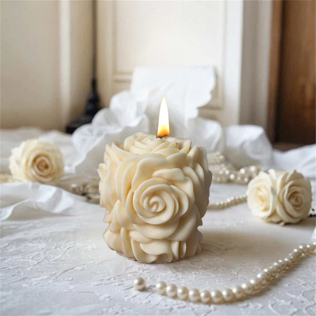 Moule en silicone pour bougie pilier rose 3D, colonne de fleurs géométriques, moule à plâtre pour bougie parfumée, ornement, cadeau fait à la main, décoration de mariage