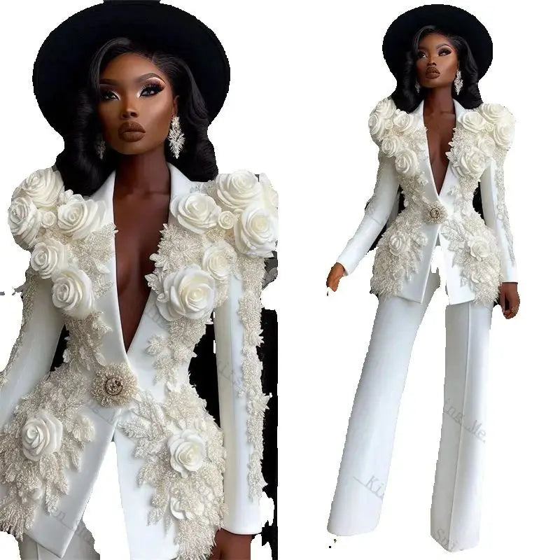Ensemble Tailleur Femme Blanc de Luxe, 2 Pièces, Blazer et Pantalon, Fleurs 3D, Sur Mesure, Formel, Pour Bureau, Mariage, Smoking, Robe de Soirée