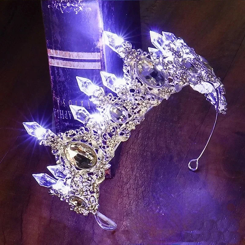 Accessoires de Cheveux de Mariée Lumineux Alliage Cristal Fête LED Lumineux Couronne Strass Diadème Fleur Reine Mariage Festival