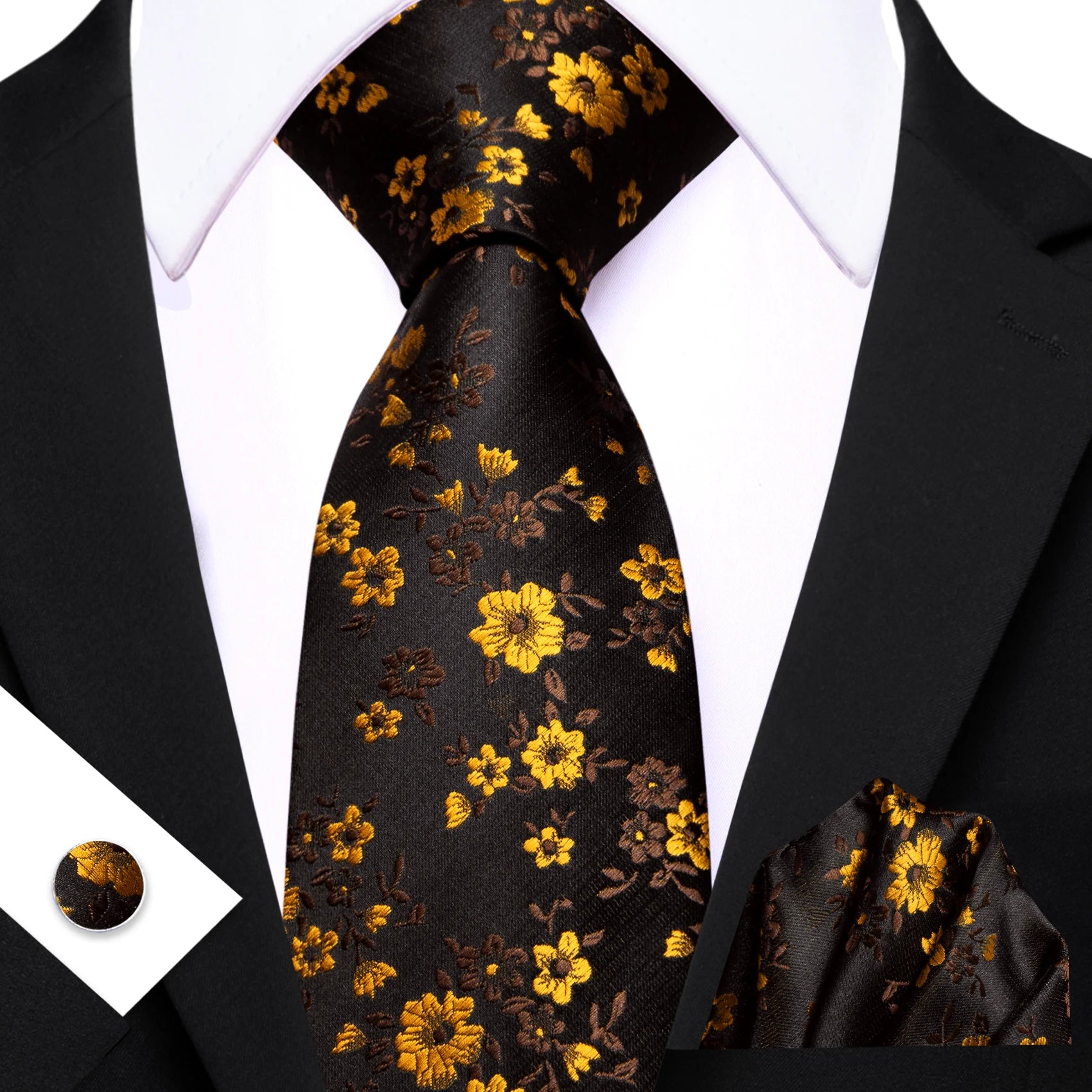 Barry.Wang Cravate Jacquard Or et Jaune pour Homme avec Mouchoir de Poche et Boutons de Manchette, Cravate Exquise pour Mariage et Affaires