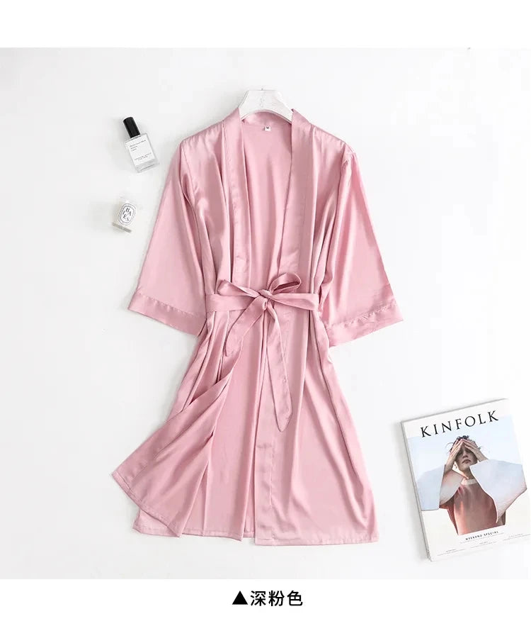 Peignoir de mariée blanc pour femme, robe de chambre matinale, manches 3/4, chemise de nuit ample, peignoir kimono en satin de soie, lingerie