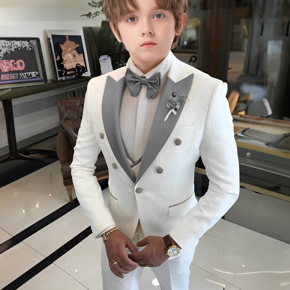 Costume jacquard blanc pour garçons, costume trois pièces pour mariage, smoking enfant 2025, nouveau design, veste, pantalon, gilet, robe sur mesure