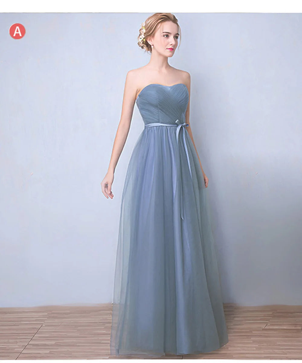 Élégante Robe de Demoiselle d'honneur Gris Bleu Simple 4 styles sans Manches Femme Classique Tulle Ceinture Satin Lacets Nœud Robe de Bal Ligne A