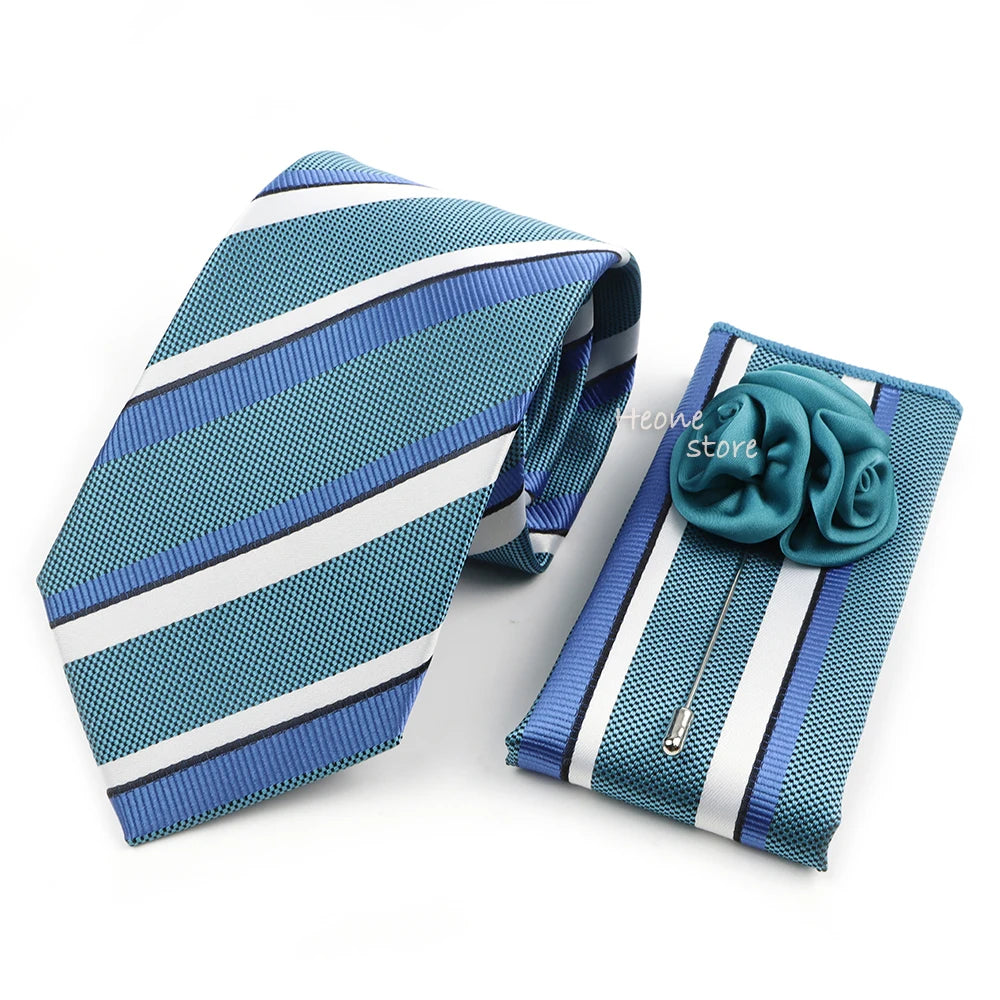 Men's Striped Necktie, Pocket Square & Brooch Set | Groom & Groomsmen Wedding Accessory