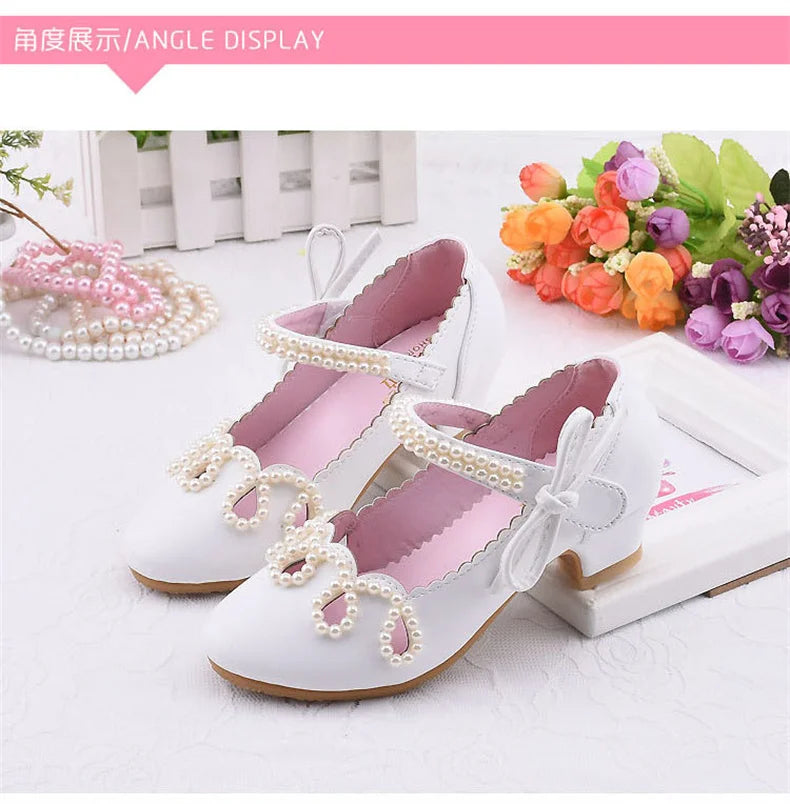 Nouvelles chaussures à talons hauts de princesse pour enfants, chaussures en cuir pour robe de mariée de fille, chaussures blanches pour enfants, chaussures de performance pour étudiants