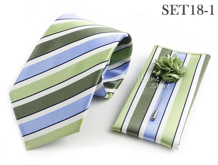 Men's Striped Necktie, Pocket Square & Brooch Set | Groom & Groomsmen Wedding Accessory