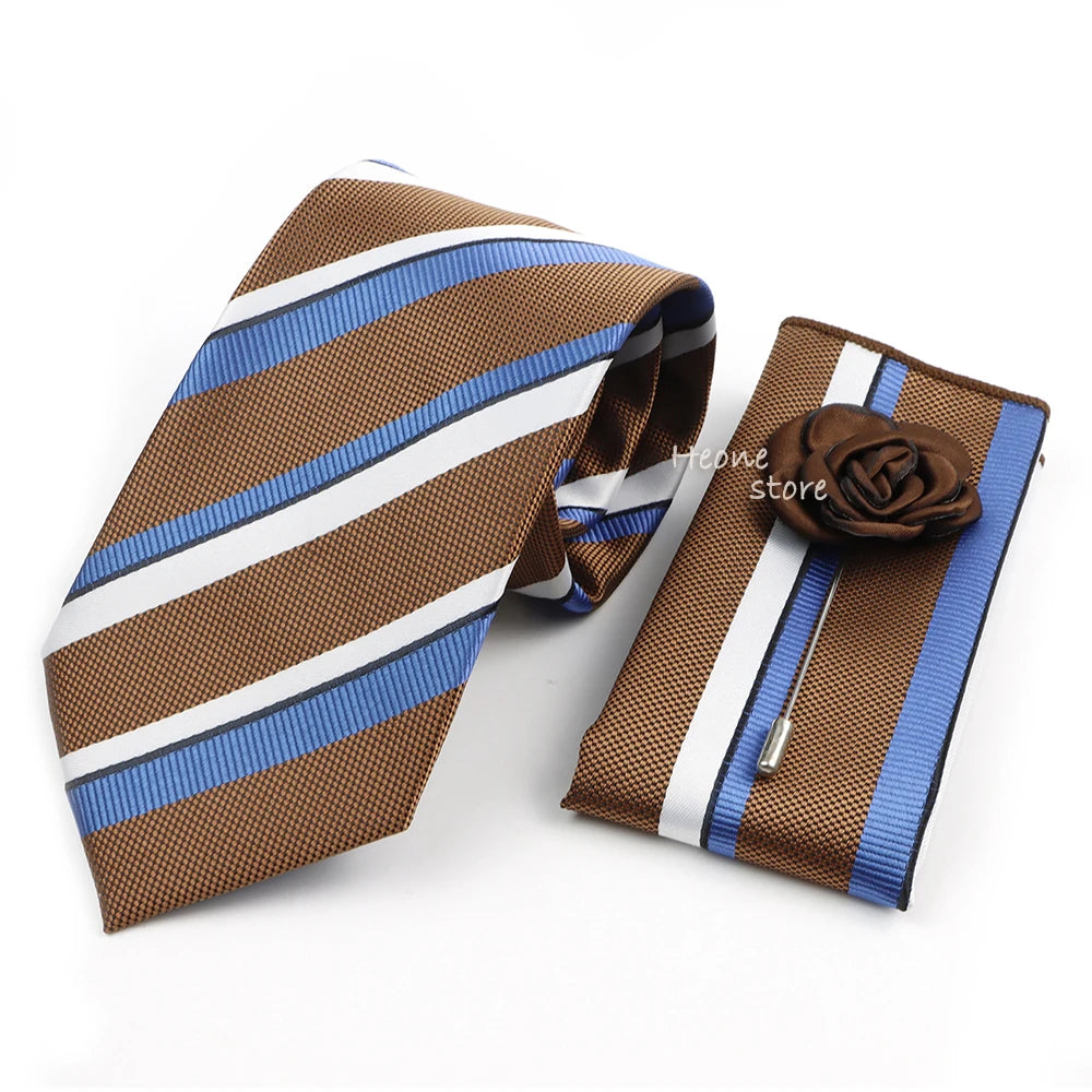 Men's Striped Necktie, Pocket Square & Brooch Set | Groom & Groomsmen Wedding Accessory