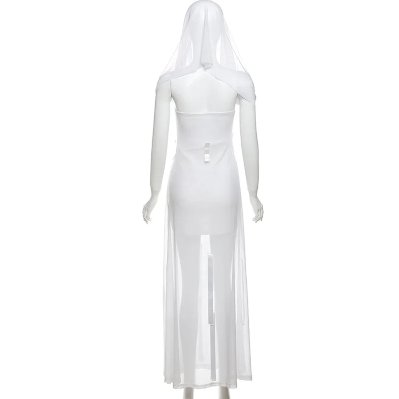 Goth Dark Fairycore Diverse Dressing Styles Partywear Sexy Strapless Hooded Long Dress Gothic Cute Bow Mesh Slim Bodycon Dresses