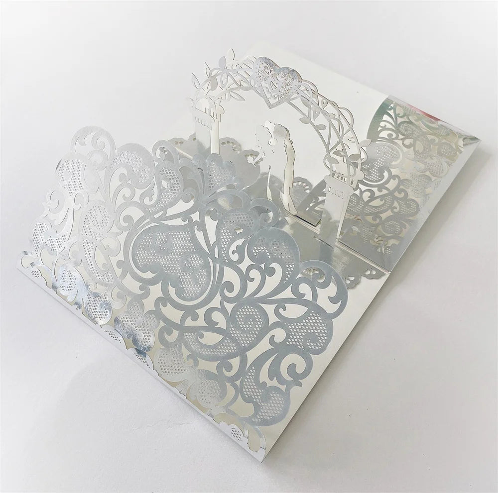 6 Pièces/Lot 3D Pop Up Mariés Ivoire Carte d'invitation de mariage Laser Poche Florale Douche nuptiale Invitations de fiançailles