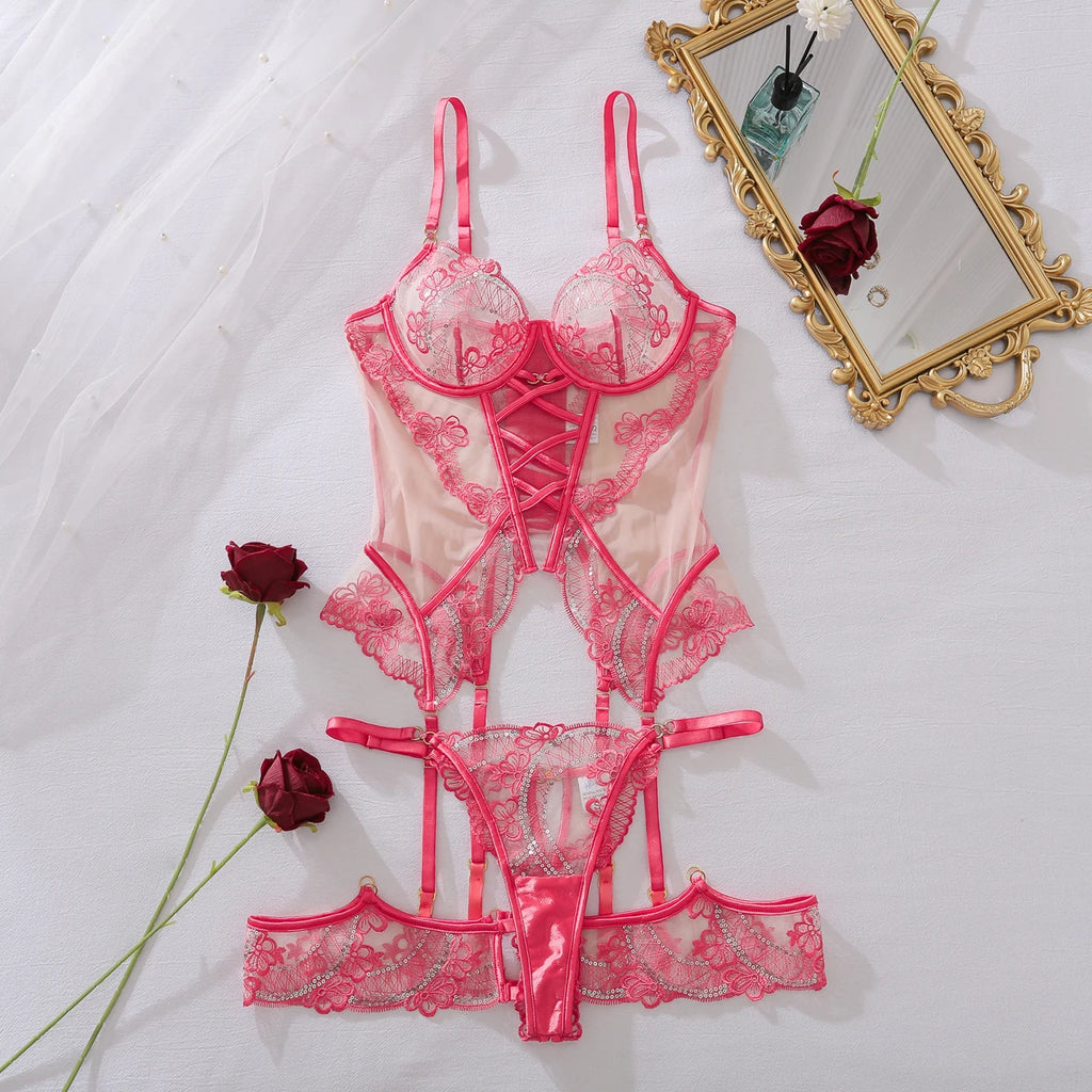 MUZISKAT2026 Ensemble de lingerie trois pièces haut de gamme français en dentelle transparente évidée, dos nu, ajusté et sexy