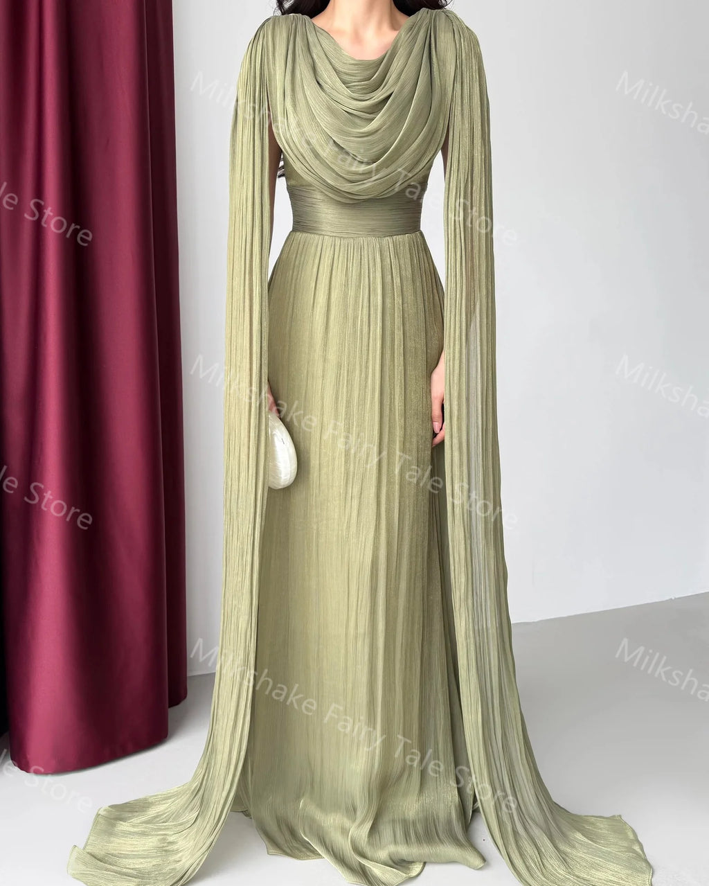 Robes de soirée vert olive élégantes Manches longues cape Robes de bal pour femmes Longueur au sol Robes d'invitées de mariage personnalisées