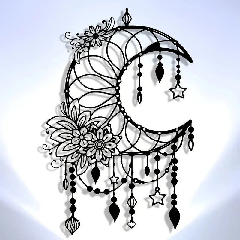 Elegant Gothic Moon & Flower Metal Wall Art Modern Craft Hanging Ornament for Living Room Decor