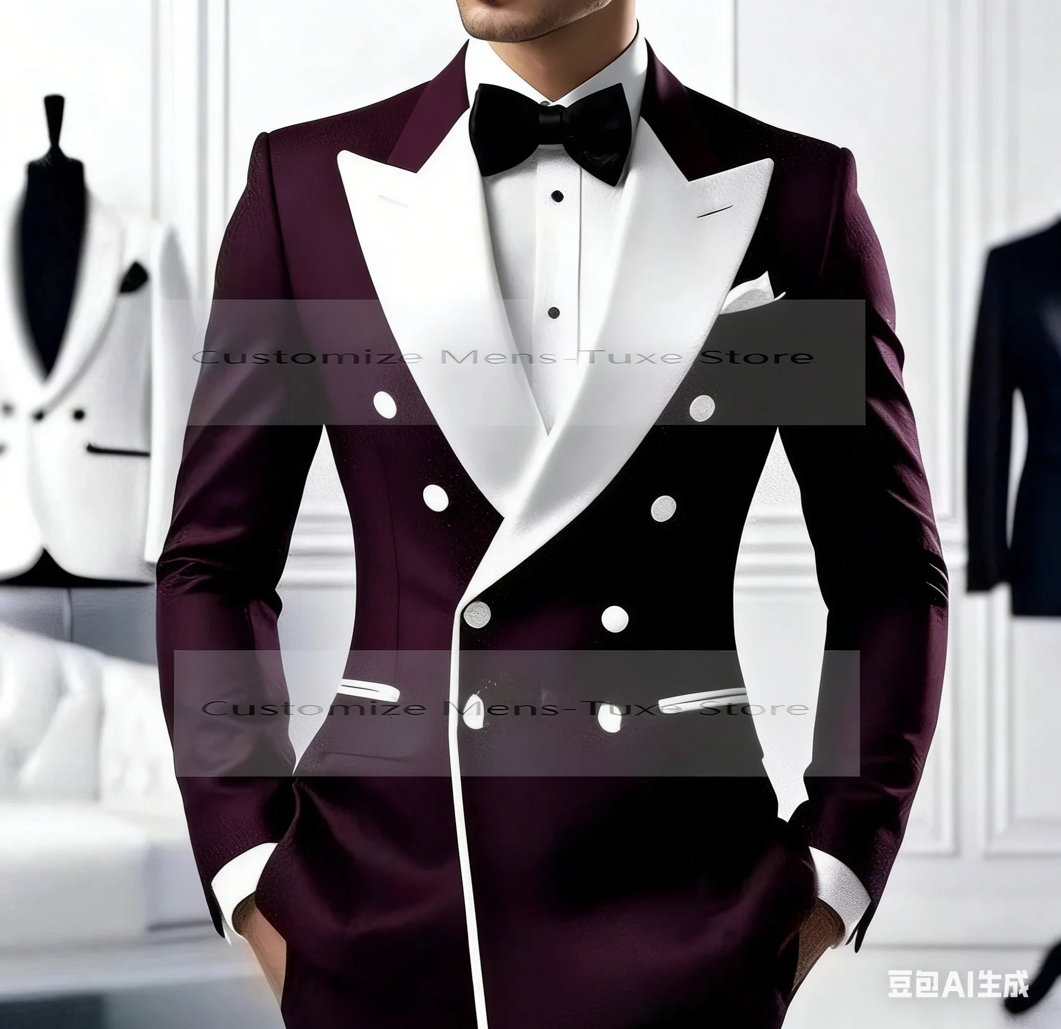 Costume homme noir col blanc pour occasion formelle, marié, témoin, mariage, bal de promo, affaires décontractées, smoking, ensemble 2 pièces blazer pantalon