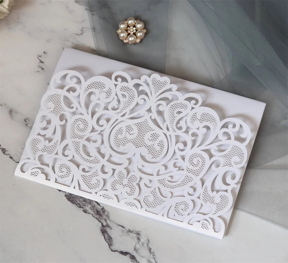 6 Pièces/Lot 3D Pop Up Mariés Ivoire Carte d'invitation de mariage Laser Poche Florale Douche nuptiale Invitations de fiançailles