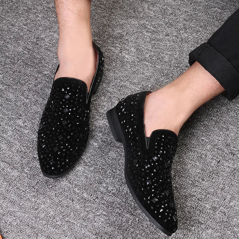 Chaussures habillées pour hommes de luxe à bout pointu, mocassins noirs, en jean, à paillettes métalliques, chaussures de mode de haute qualité pour hommes, chaussures de mariage, nouveauté