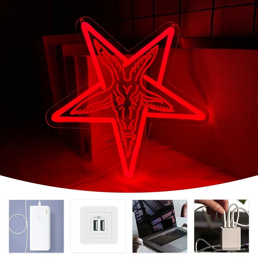 Bar Neon Art Wall Decor for Room Gothic Three-dimensional Carved Lamb and Inverted Baphomet Home Sign Five-pointed Beauty Star