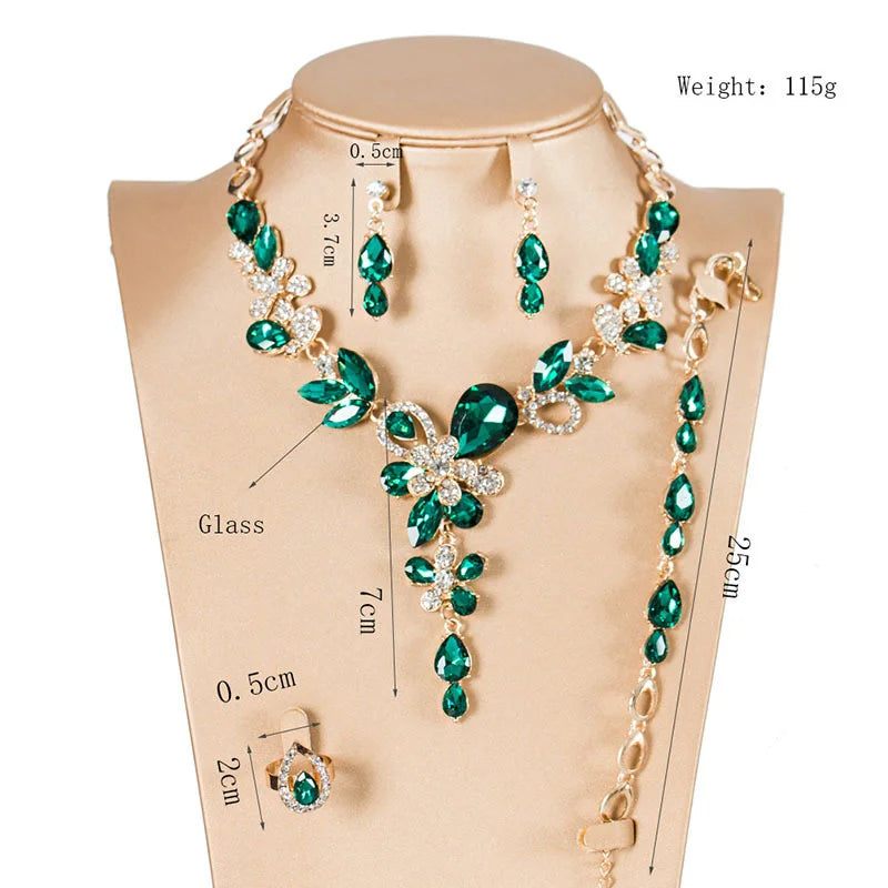 Green Crystal 4-Piece Bridal Jewelry Set — Necklace, Bracelet, Earrings & Ring
