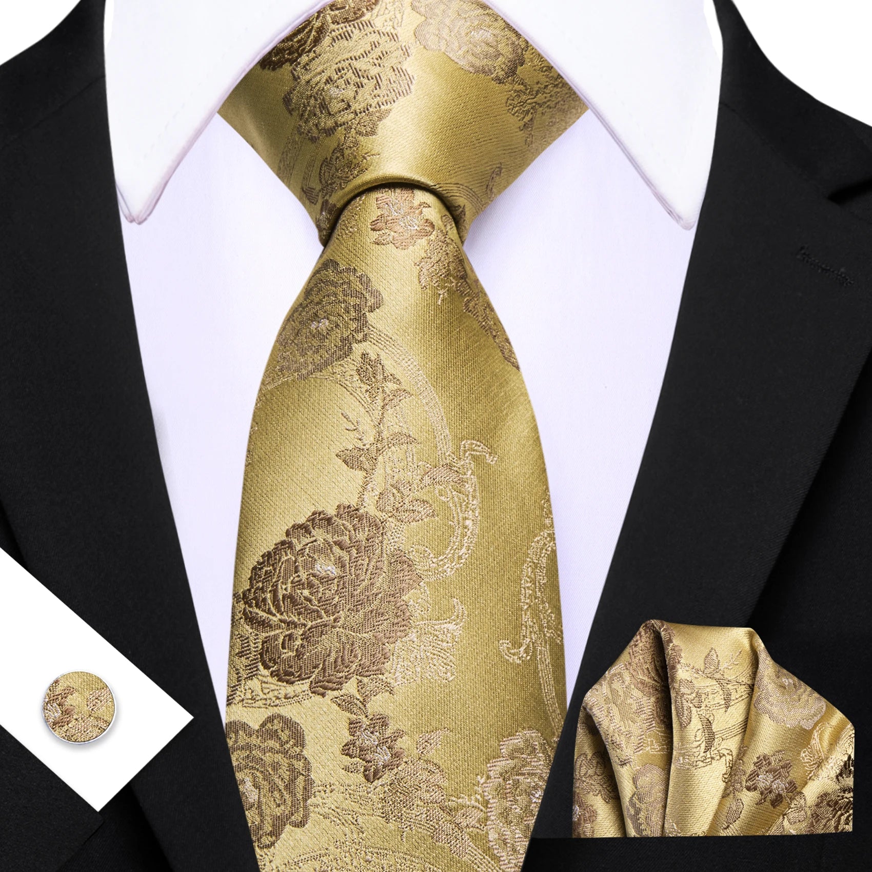 Barry.Wang Cravate Jacquard Or et Jaune pour Homme avec Mouchoir de Poche et Boutons de Manchette, Cravate Exquise pour Mariage et Affaires