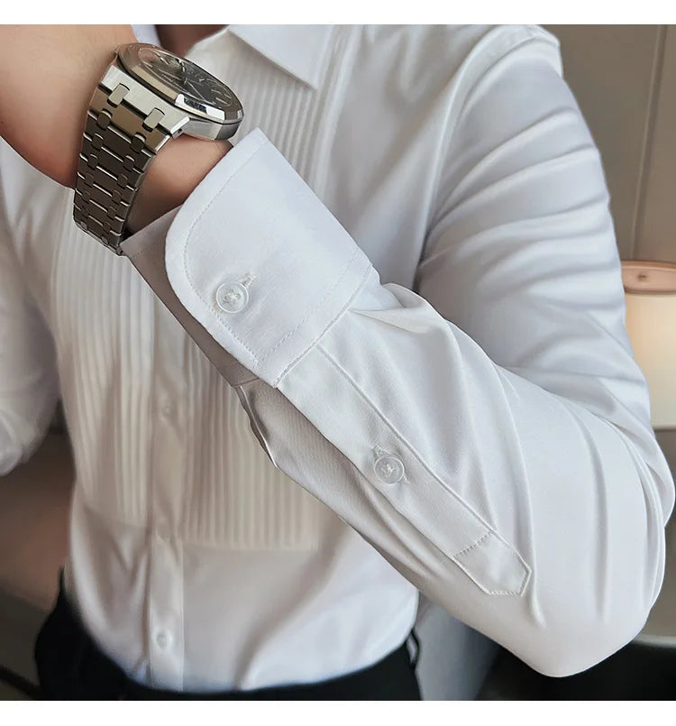 Men's Pleated Tuxedo Dress Shirt – Slim Fit Groom & Groomsmen Wedding Shirt