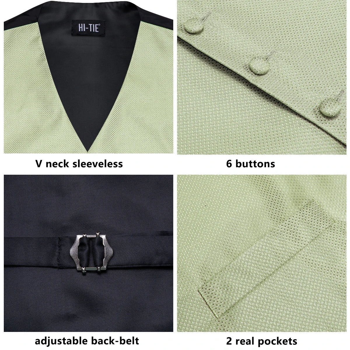 Gilets de costume en soie Hi-Tie pour homme, 4 pièces, tissés, vert sauge uni, gilet, cravate, pochette, boutons de manchette, pour affaires, mariage, robe, veste de taille