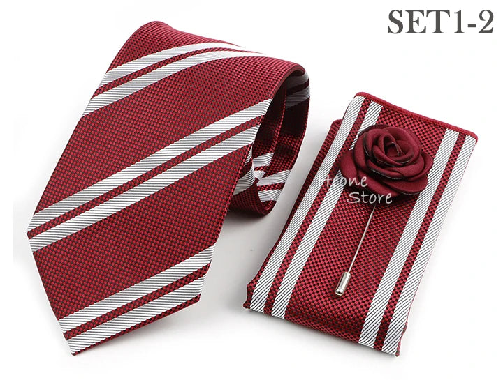 Men's Striped Necktie, Pocket Square & Brooch Set | Groom & Groomsmen Wedding Accessory