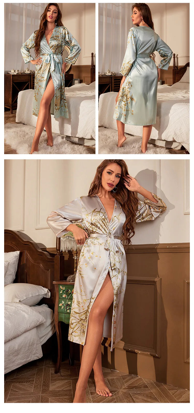 Cherry Floral Print Satin Kimono Robe — Bridal & Bridesmaid