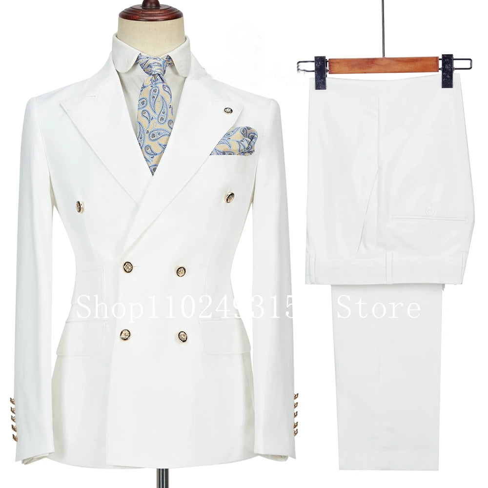Costumes de Mariage Blancs pour Hommes 2023 2 Pièces Double Boutonnage Coupe Slim Vêtements de Marié Formels d'Affaires (Veste+Pantalon) Costume Homme