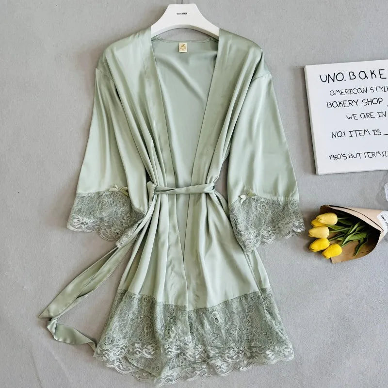 Robe de Mariée Blanche du Matin Peignoir à Dentelle Kimono Femme Élégant Vêtement de Nuit Col V Lingerie Intime en Satin