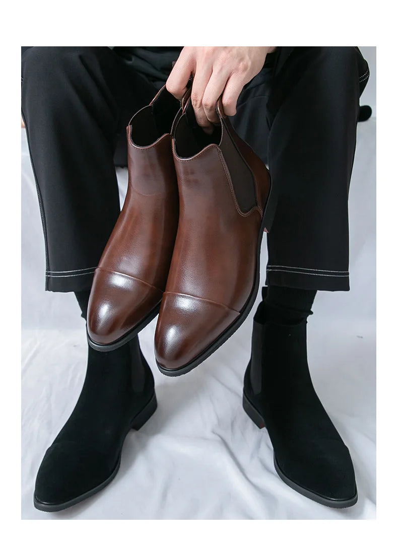 Bottes Cheville Homme Affaires Semelle Rouge Bout Pointu Bottines Habillées Britanniques Chaussures Hautes en Cuir Décontractées Chelsea Homme à Enfiler