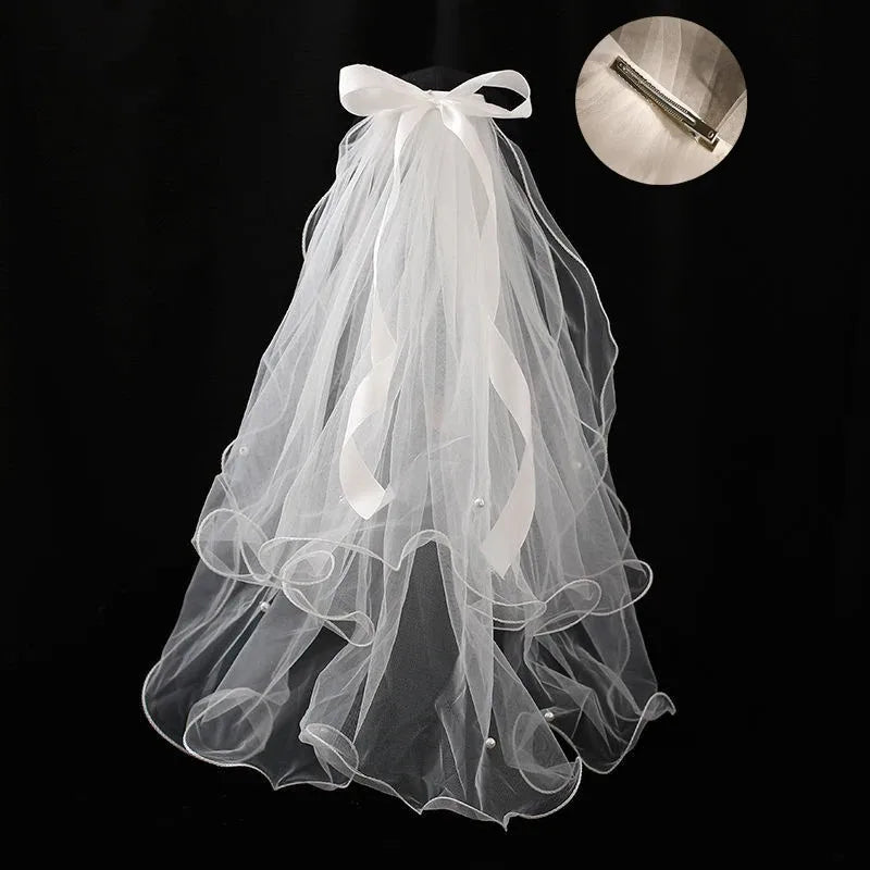 1PC Double layered bow tied headband Wedding birthday party white veil decoration Bridal engagement banquet hair accessories