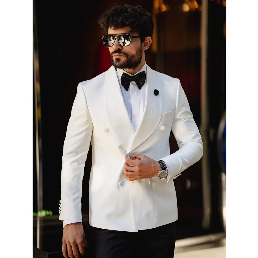 Costumes Homme Blanc 2 Pièces Boutique Couleur Unie Quotidien Décontracté Bureau Business Costume Homme Marié Mariage Blazer avec Pantalon