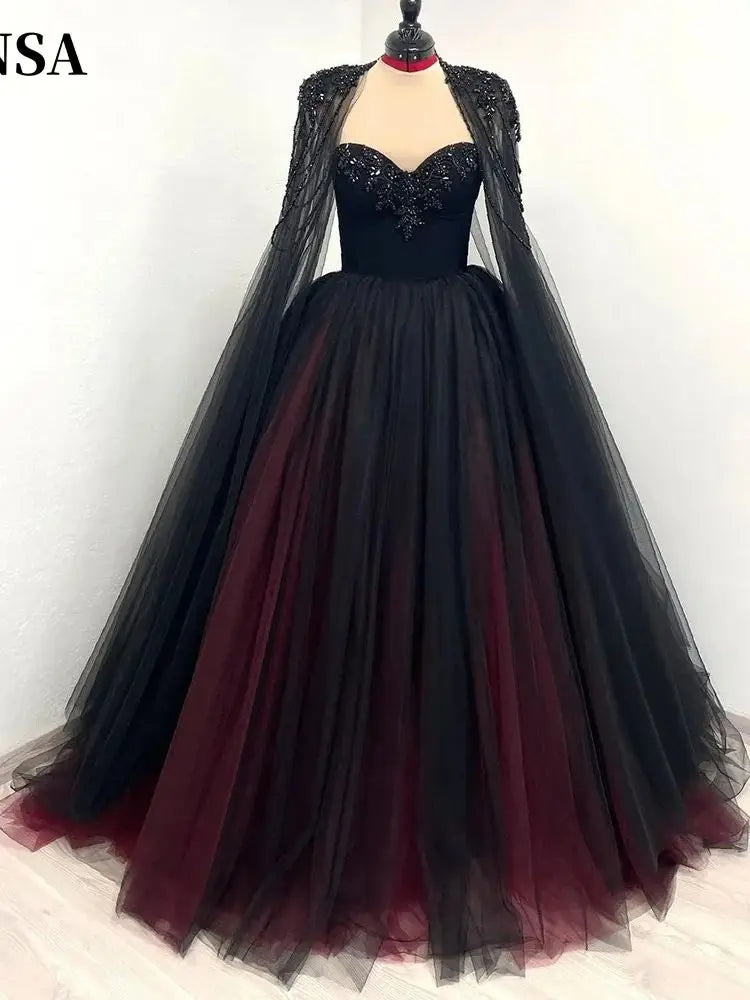 Sansa Gothic Black WIth Red Wedding Dress Sequins Cape Sleeve Ball Gown Vestidos De Novia Customized A-line Prom Dresses