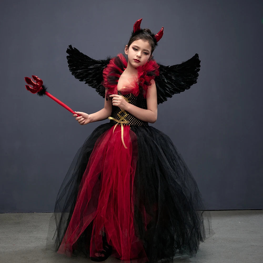 Costume de petite fille vampire gothique Robe de reine maléfique Tutu pour Halloween Fête cosplay Vêtements pour enfants Déguisement