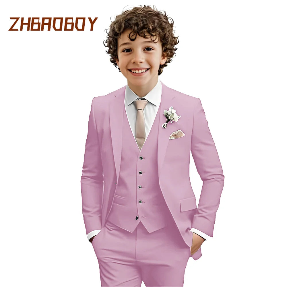 Costume Garçon 3 Pièces Coupe Slim Smoking Enfant Tenue de Mariage Formelle Ensemble Blazer Gilet Pantalon