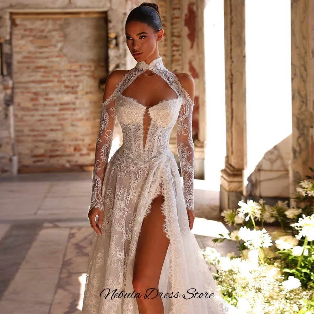 Robe de mariée élégante personnalisée à manches longues et col haut, avec de charmantes appliques en dentelle, fendue sur le côté, Vestido De Novia.