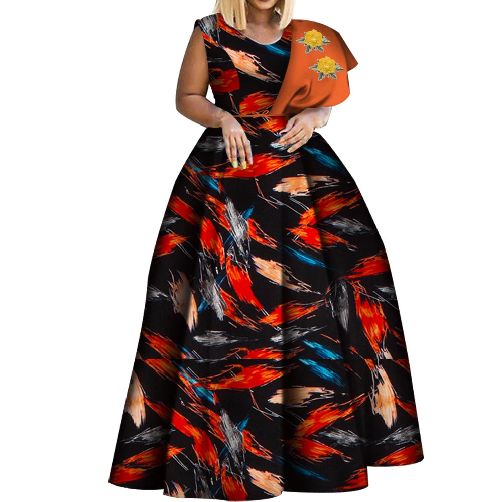 Bintarealwax Robes africaines Dashiki imprimées Bazin Robe de soirée asymétrique Robes africaines grande taille pour femmes WY3834