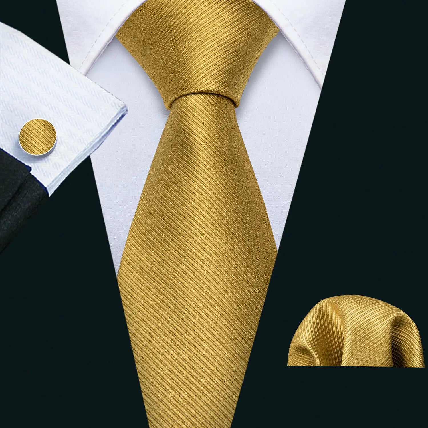 Barry.Wang Cravate Jacquard Or et Jaune pour Homme avec Mouchoir de Poche et Boutons de Manchette, Cravate Exquise pour Mariage et Affaires