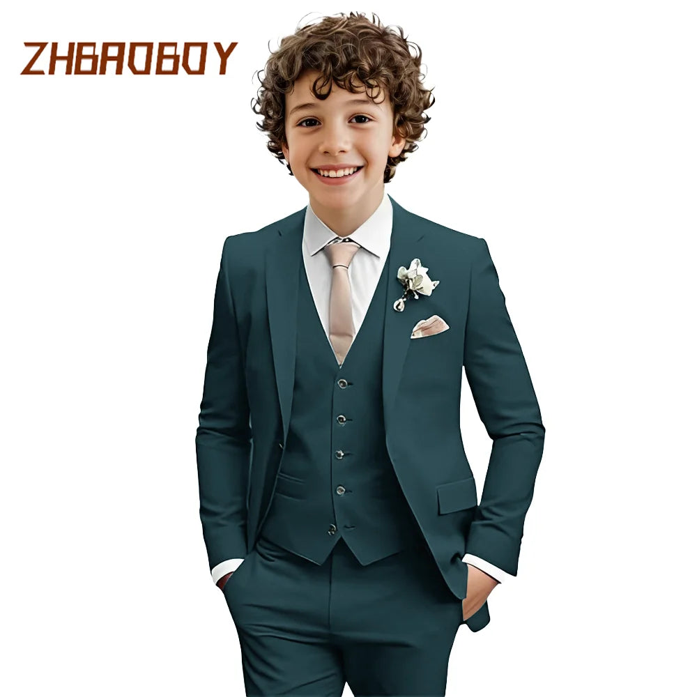 Costume Garçon 3 Pièces Coupe Slim Smoking Enfant Tenue de Mariage Formelle Ensemble Blazer Gilet Pantalon