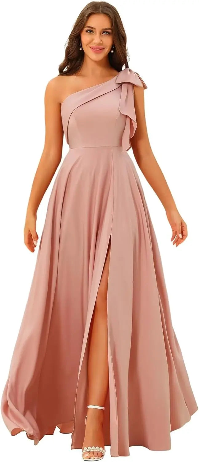 Elegant Satin Bow One-Shoulder Bridesmaid Dresses A-line Slit Backless Solid Simple Guest Ball Gowns Lace Up Wedding Prom Dress
