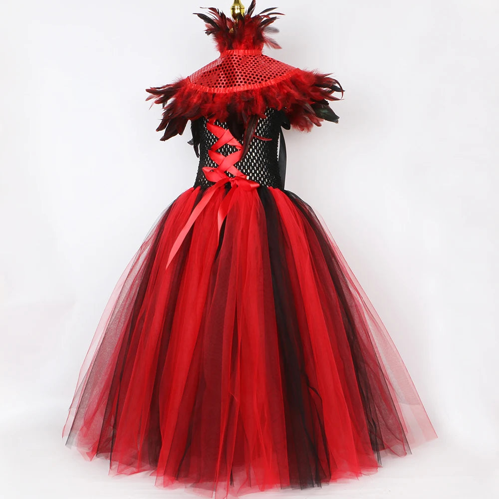 Robe Tutu en Tulle Reine Maléfique Sorcière Vampire Démon Gothique pour Filles, Robe Longue de Fête de Carnaval d'Halloween pour Enfants, Tenues de Déguisement