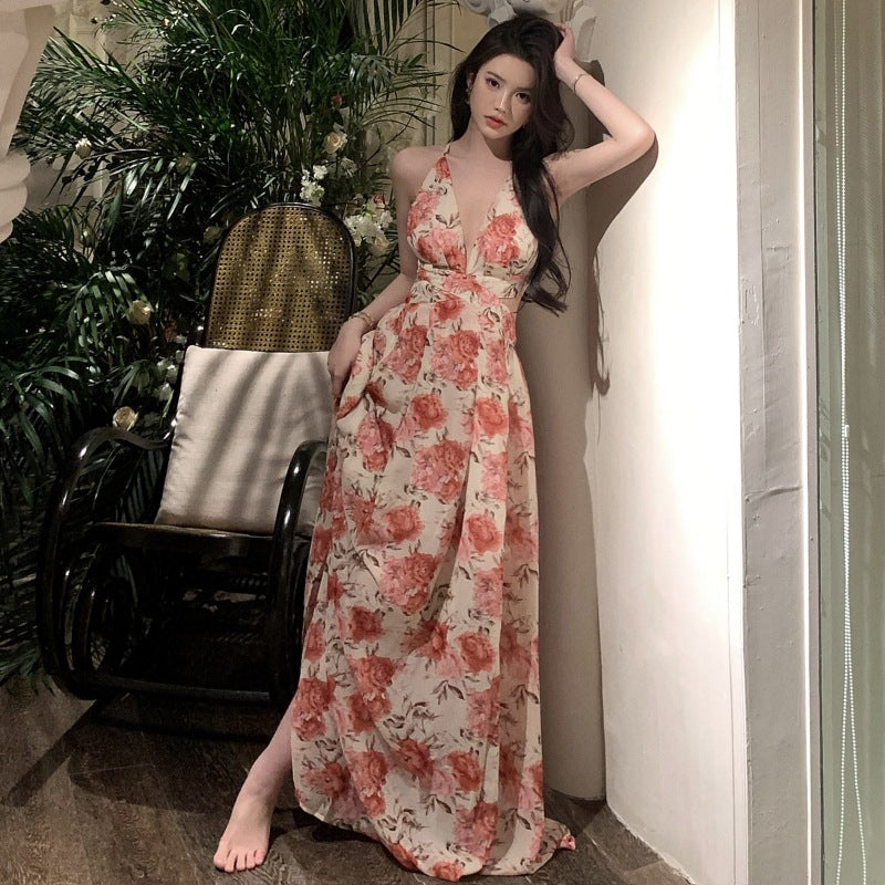 Floral Chiffon Maxi Dress | V-Neck Sleeveless Pleated Wedding Guest Dress