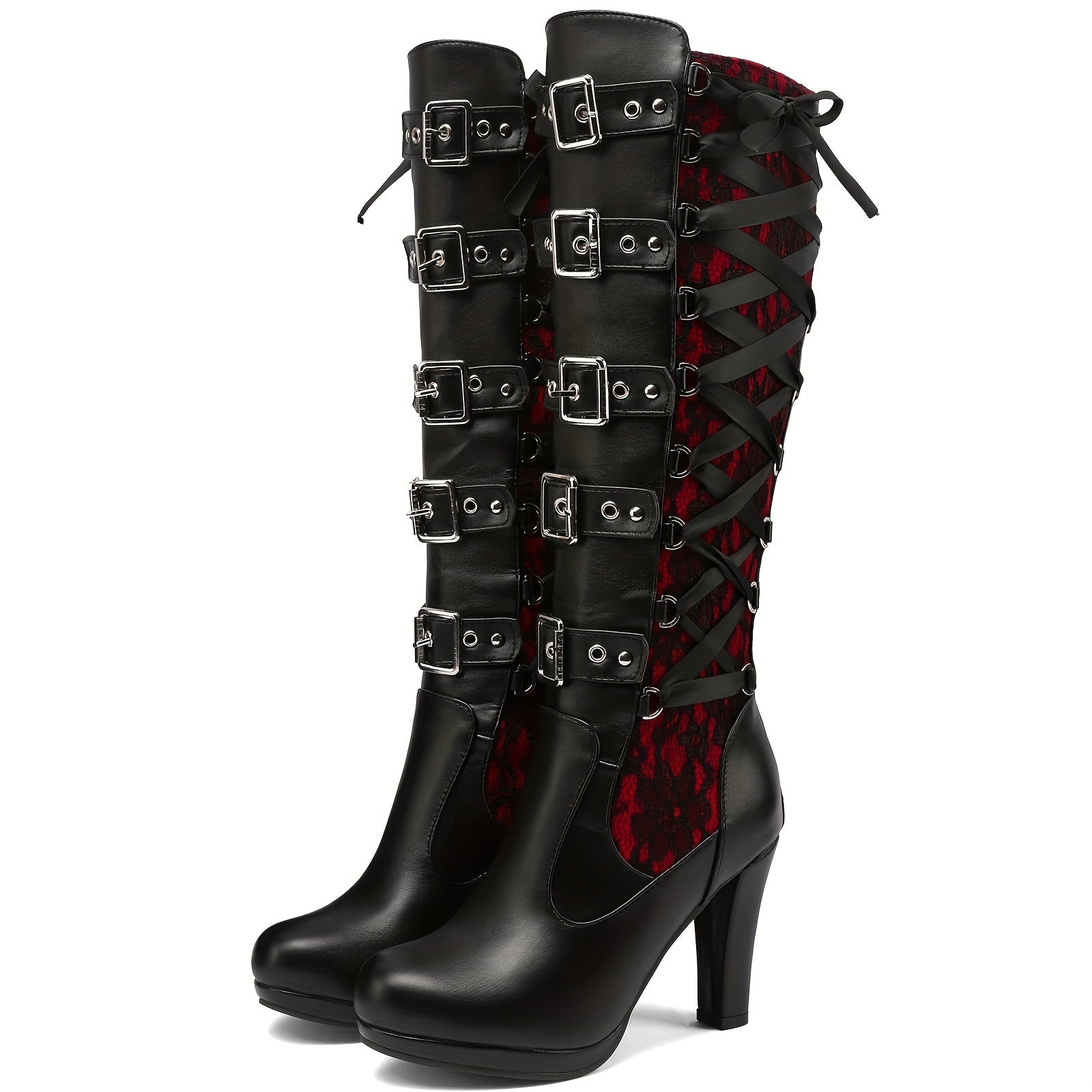Bottes gothiques à plateforme hautes à boucles montantes jusqu'au genou