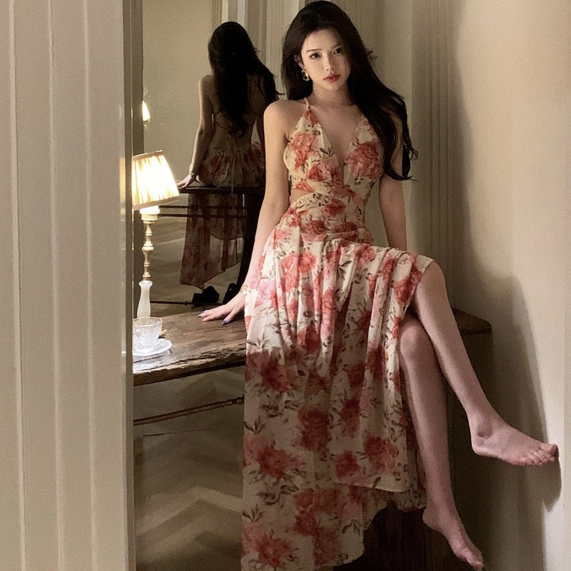 Floral Chiffon Maxi Dress | V-Neck Sleeveless Pleated Wedding Guest Dress