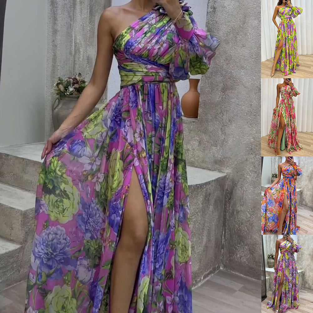 Robe longue fendue à imprimé floral et à une épaule